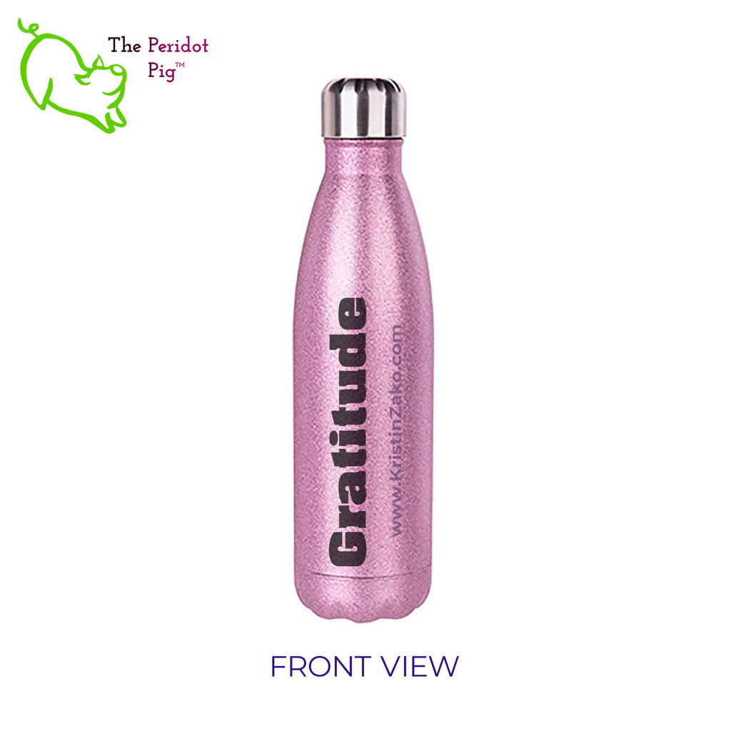 This 17 oz glitter cola-shaped water bottle features the word "Gratitude" in bold black lettering on both front and back. It has a screw top with a replaceable gasket and easily fits in cupholders or your backpack. Front view showing pink.