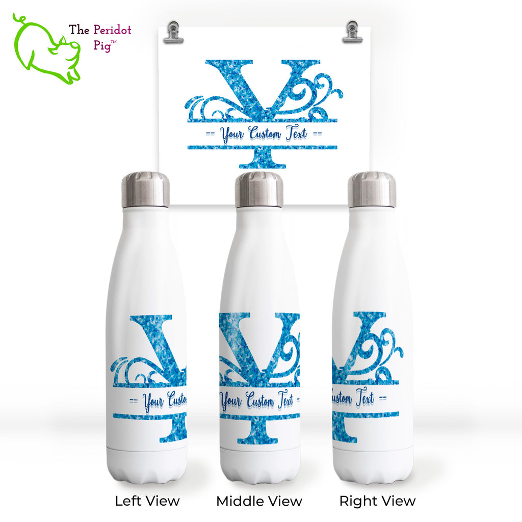 We think these glossy, white water bottles with a caribbean blue water monogram are a treat! You can personalize with a monogram of your choice and then add a name or short phrase in the customization area. Show with sample text of "-- Your Custom Text --".