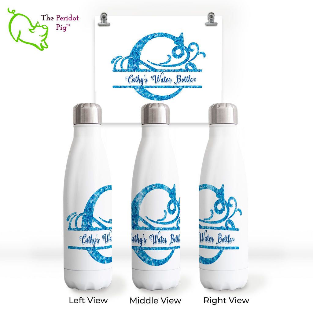 We think these glossy, white water bottles with a caribbean blue water monogram are a treat! You can personalize with a monogram of your choice and then add a name or short phrase in the customization area. Show with sample text of "Cathy's Water Bottle".