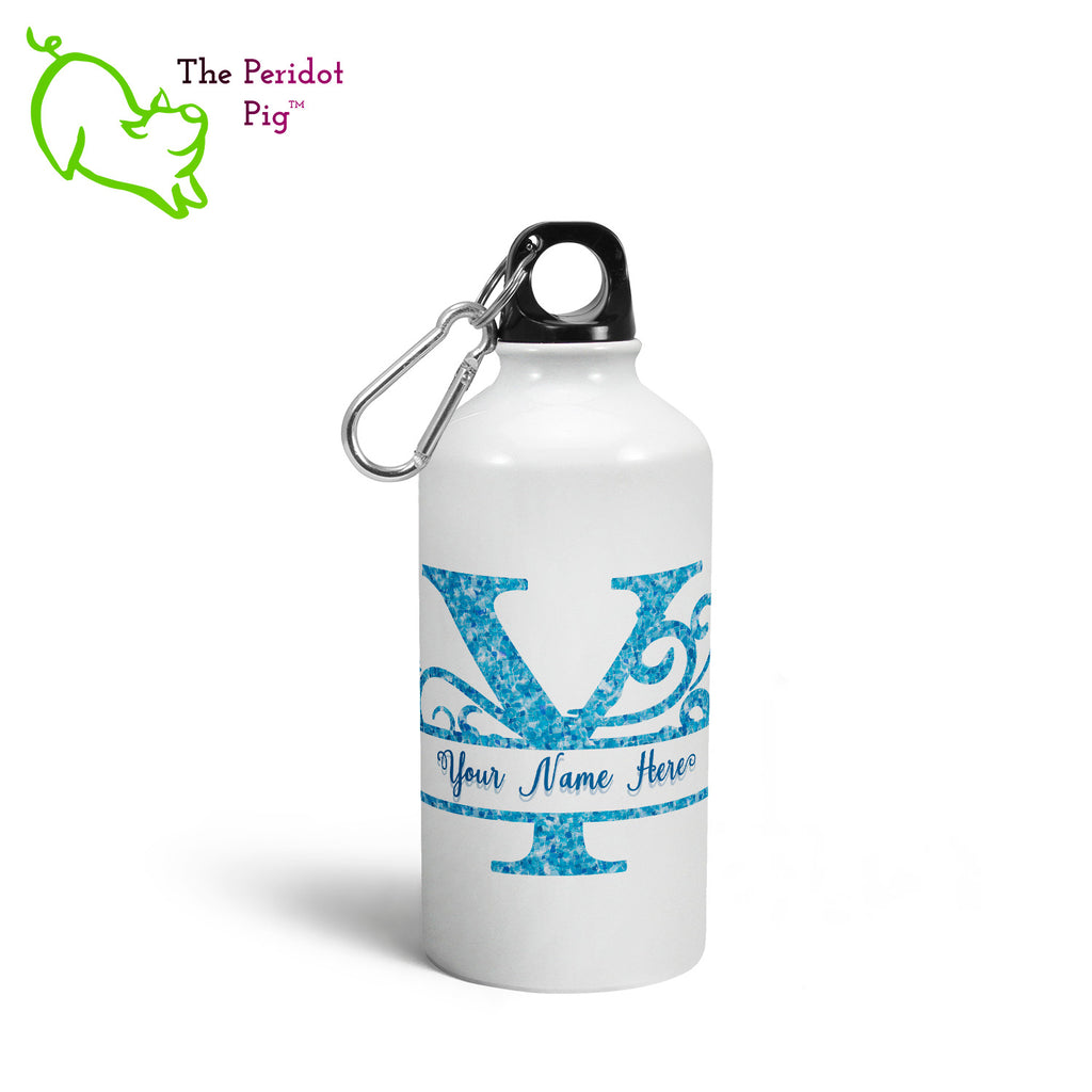 We think these glossy, white canteens with a caribbean blue water monogram are a treat! It has a screw top with a replaceable gasket and a carabiner to attach to your backpack. Front generic view.