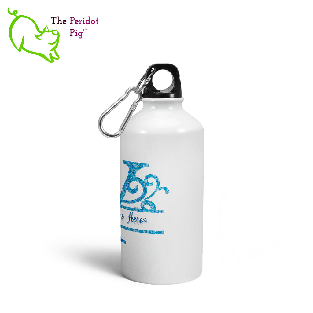 We think these glossy, white canteens with a caribbean blue water monogram are a treat! It has a screw top with a replaceable gasket and a carabiner to attach to your backpack. Right view.
