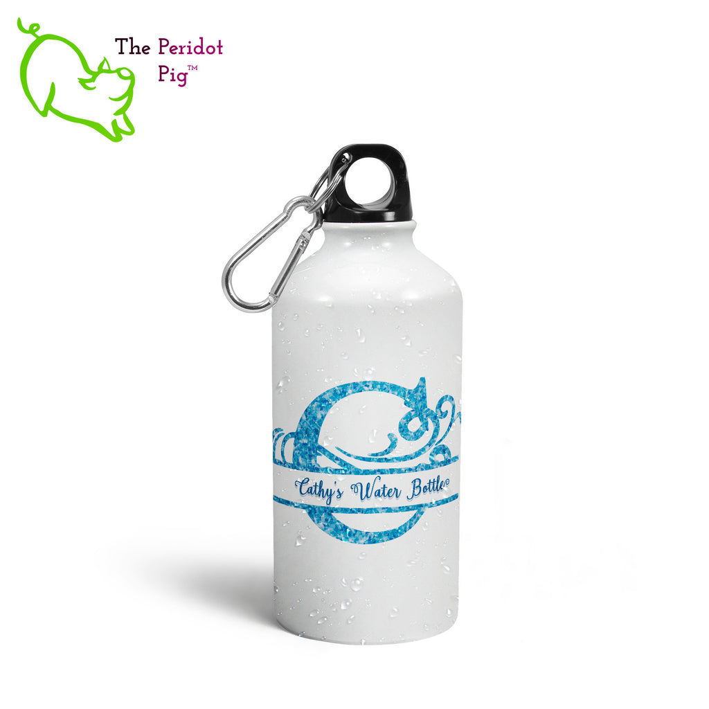 We think these glossy, white canteens with a caribbean blue water monogram are a treat! It has a screw top with a replaceable gasket and a carabiner to attach to your backpack. Shown with example text front view.