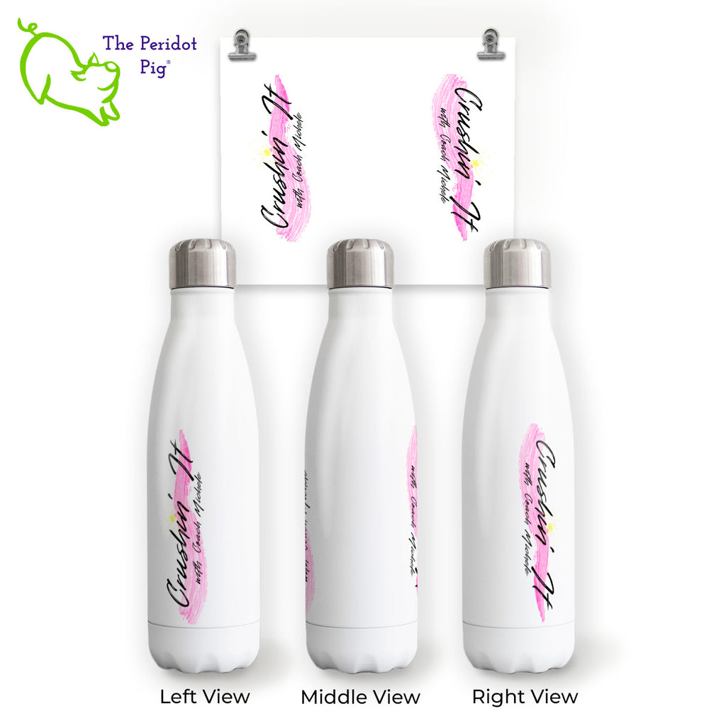 A colorful, bright pink Coach Michele Crushin' It! logo adorns these shiny white cola style water bottles. Perfect for both hot and cold beverages. These are a permanent sublimation print so you don't have to worry about the image peeling or fading over time.