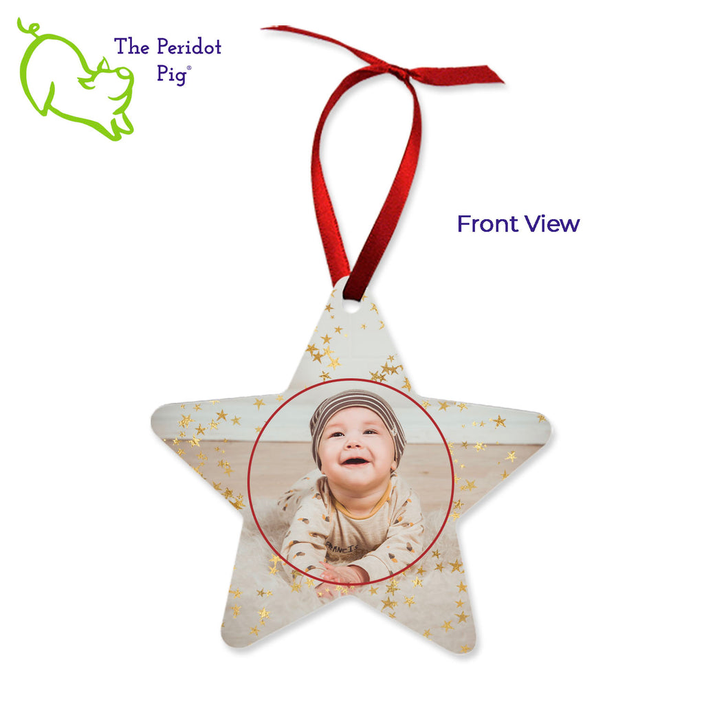 This ornament is perfect for the star in your life. We've shown them here with the name and year on the back with a fun Christmas candy stripe pattern. On the front, choose from 5 different border styles. This style is best with the text on the back but we can customize it in many different ways. Front view shown with stars