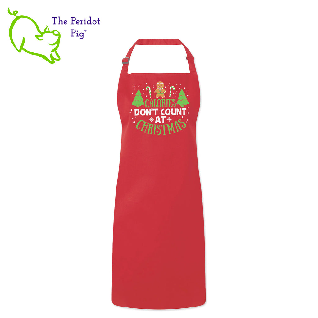 Calories don't count for free food and at Christmas. That's my story and I'm sticking to it! If you abide by this rule, here's the perfect apron for you.  The front says, "Calories don't count at Christmas" in bright festive colors. There are trees, candy canes, a gingerbread man and snow flakes to round out the design. Front view shown in Red.
