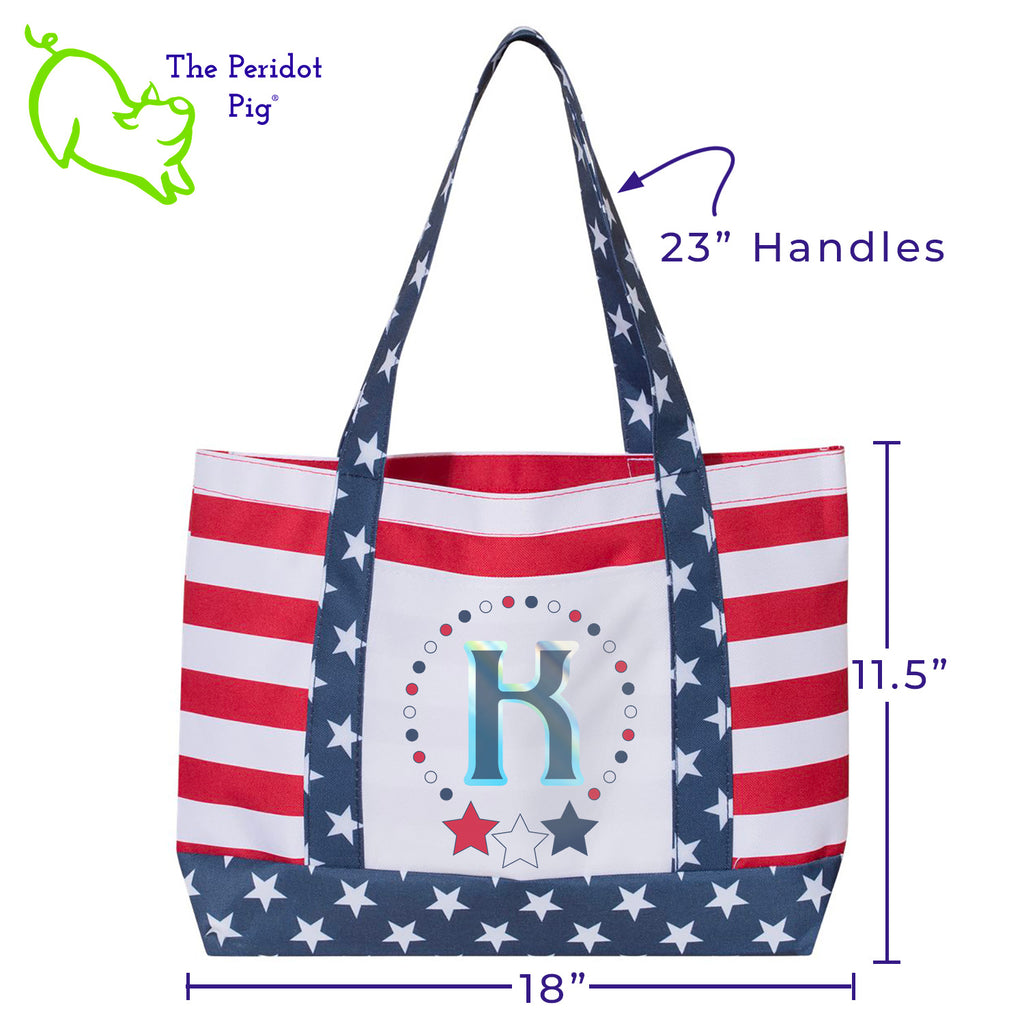 We're still creating totes! We had one glimpse of warm weather and now summer is on the brain. This stars and stripes boating tote is perfect for beach fun or a sweet Mother's Day surprise.  The tote bag made from sturdy 600D Denier polyester with a vivid print that wraps around. We've added a matching monogram and blinged it up a bit with a touch of holographic vinyl on the front pocket. Front view shown with sample monogram and dimensions.