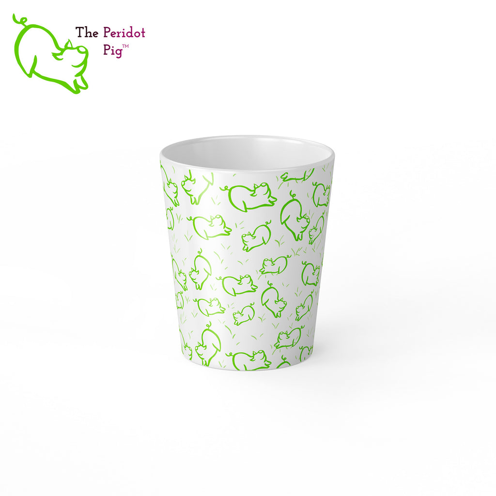 Peri's perky little peridot self is frolicking across this mug. Frolicking so much that you have to call it dancing a pig jig. These latte mugs have a distinctive shape and can be purchased in either a 12 oz or 17 oz size. Center view 12 oz.