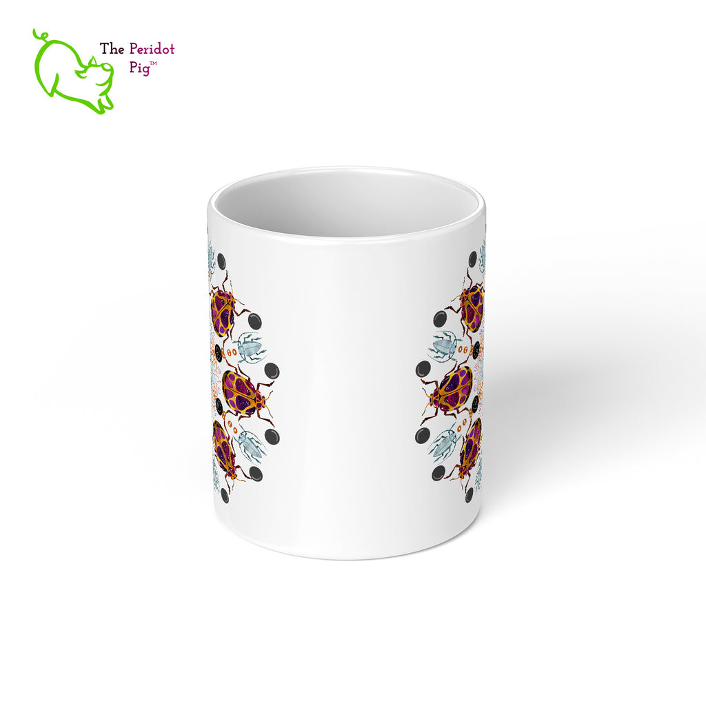 A colorful mandala of beetles graces this 11 oz mug. Printed on a glossy white mug, these bugs really pop! Center view.