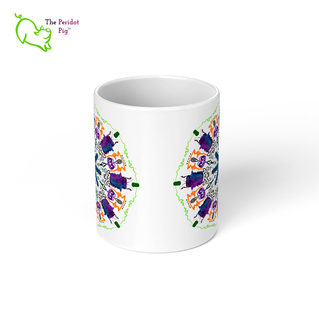 A colorful mandala of beetles graces this 11 oz mug. The larger beetle has shades of violet and blue. The smaller beetle is in a delicate shade of blue. Printed on a glossy white mug, these bugs really pop! Center view