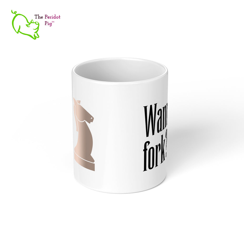 These bright white mugs are perfect for the chess fan. Knight - Wanna fork? Center view.