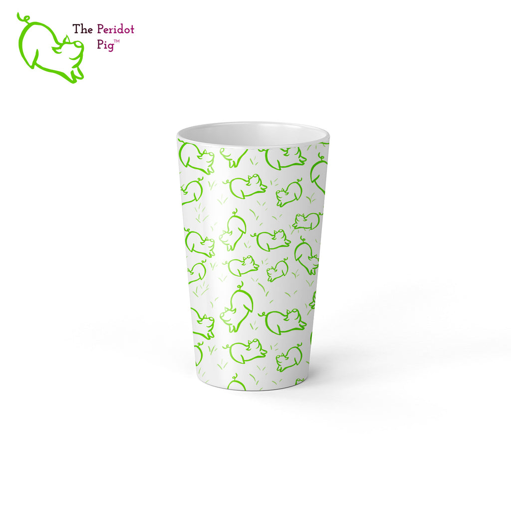 Peri's perky little peridot self is frolicking across this mug. Frolicking so much that you have to call it dancing a pig jig. These latte mugs have a distinctive shape and can be purchased in either a 12 oz or 17 oz size. Center view 17 oz.