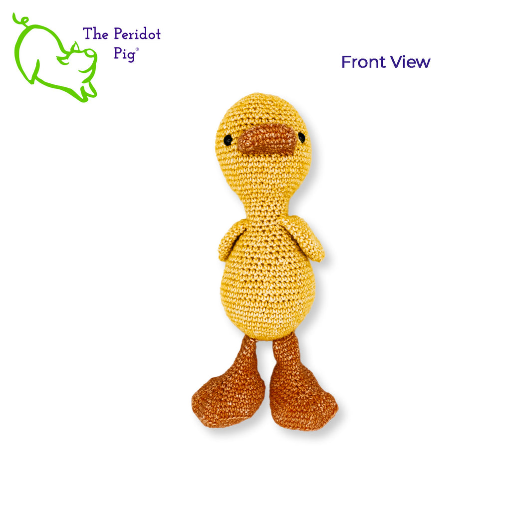 Susie is a rather serious little duckling. The gleam in her eyes, the slight tilt to her head. She's intensely focused. But it's the big duck feet that make her so cute! She's hand crocheted out of a soft cotton/acrylic blend and will last a lifetime. She's stuffed enough that her head stays upright but her legs are floppy enough to have her seated. Front view shown.