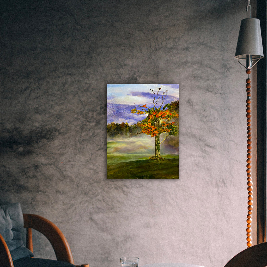 An original oil painting by artist C. Lynn Arnold (signed "LYNZ").  A painting depicting a fading sugar maple.  It's the last one on a hill with a foggy morning backdrop. Shown on a wall mockup view.