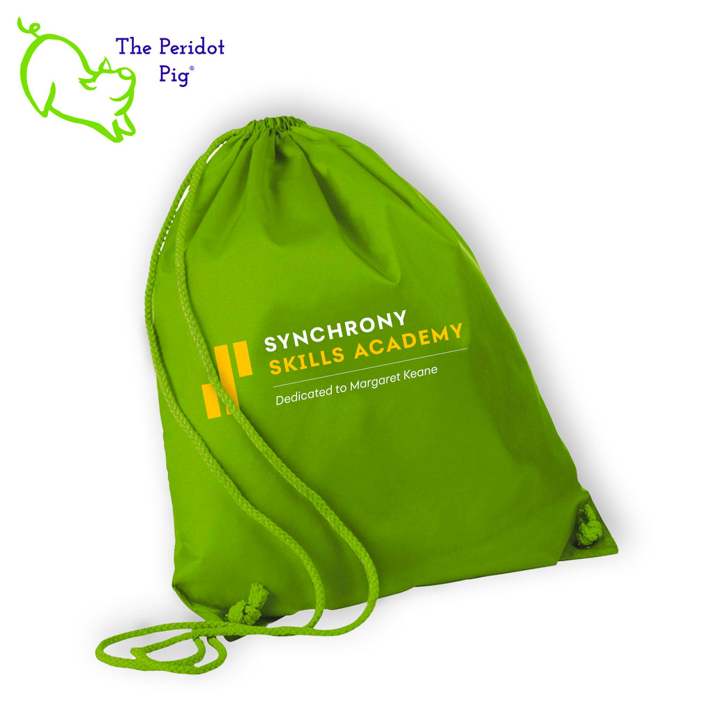 These large cinch totes a great hit with students! The front features the Synchrony Skills Academy Logo. Shown in lime.