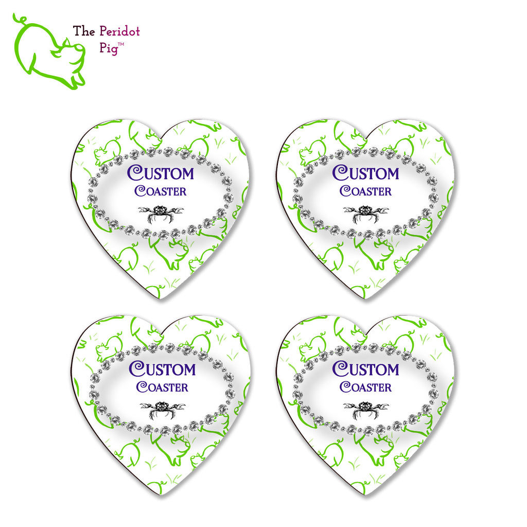 Four custom heart shaped coasters shown in a flat lay with a sample image.