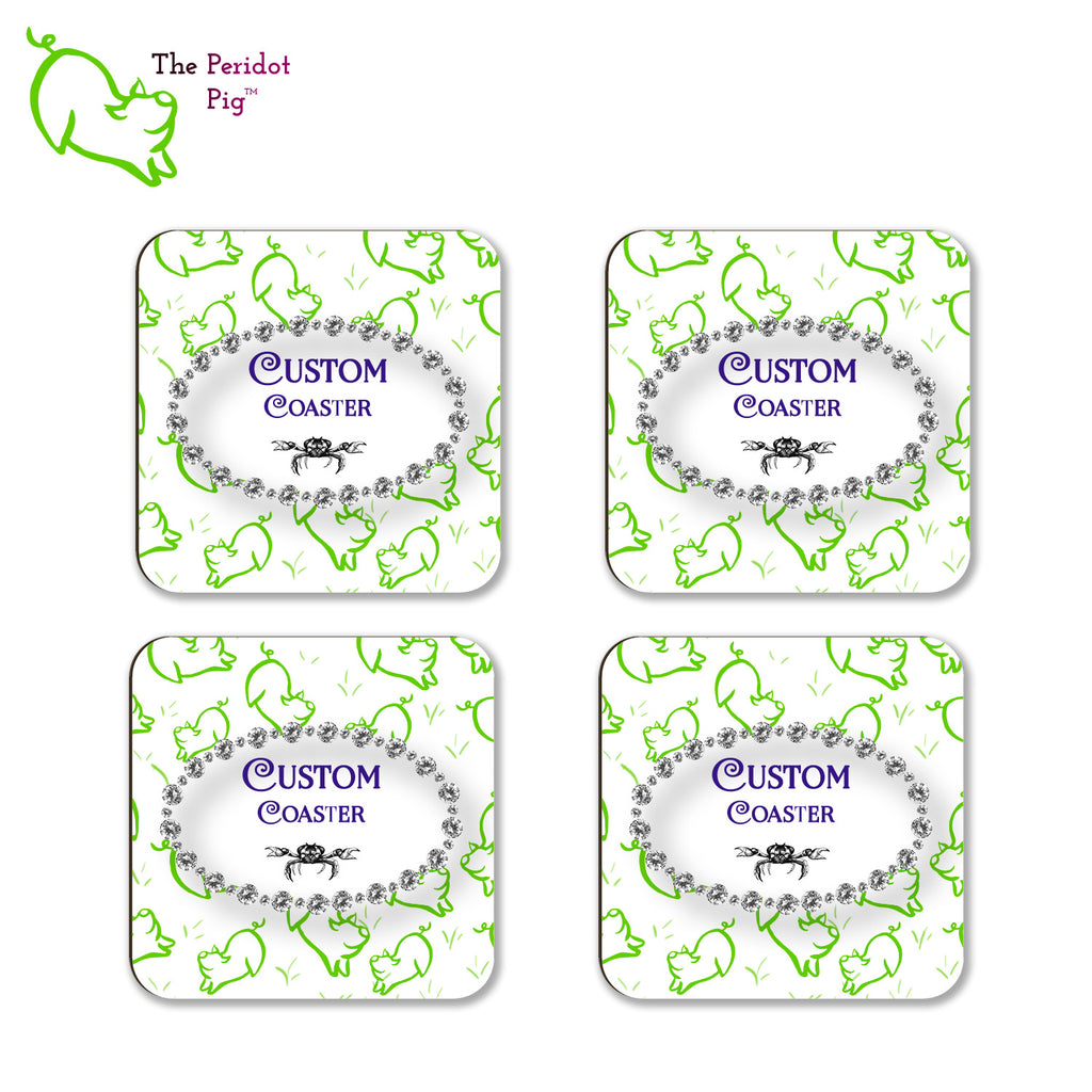 Four square coasters in a flat lay shown with a sample image.