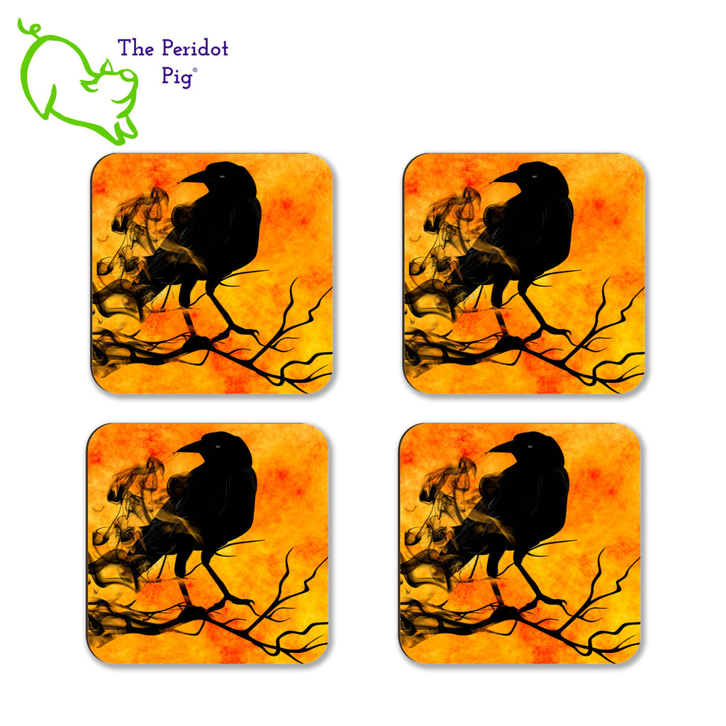How about a murder of crows to keep your tables protected this Halloween? This set of four square coasters is printed in bright colors on either a matte or a gloss coaster. The coasters are a mottled yellow and orange with a smokey crow image. Four shown laying flat.