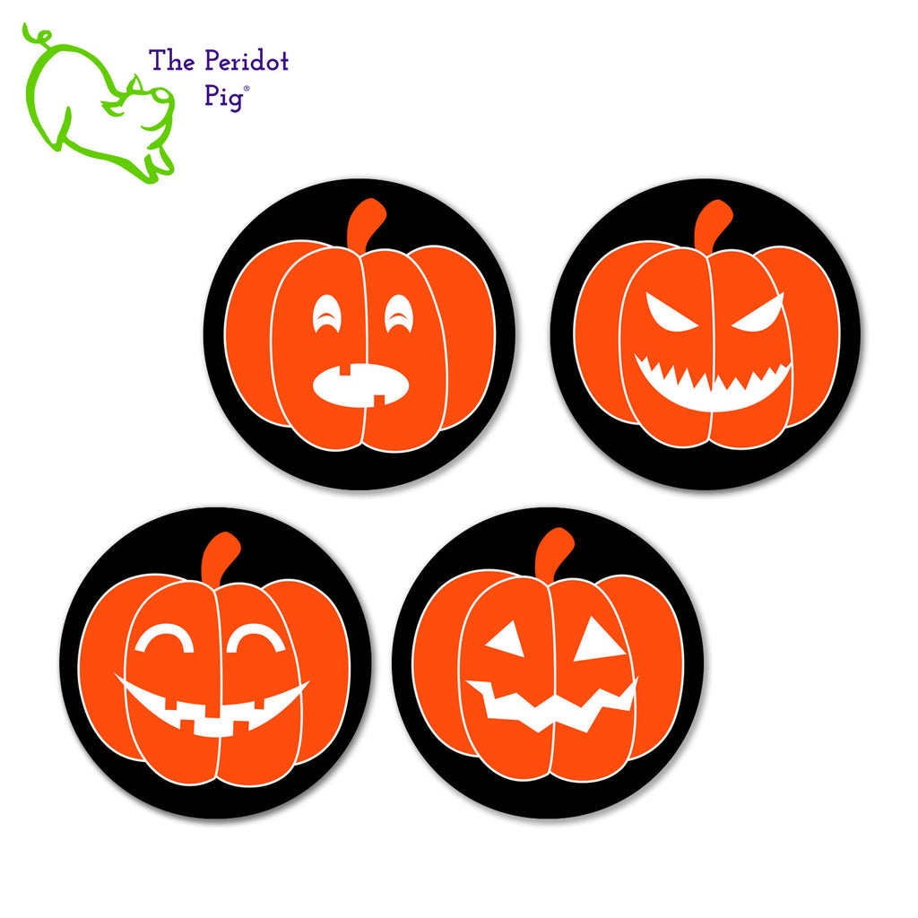 A cute treat for your Halloween party! This set of four round coasters have simple carved pumpkin designs that bring out the Halloween spirit. Each coaster features a different jack-o-lantern face. All four shown laying flat.