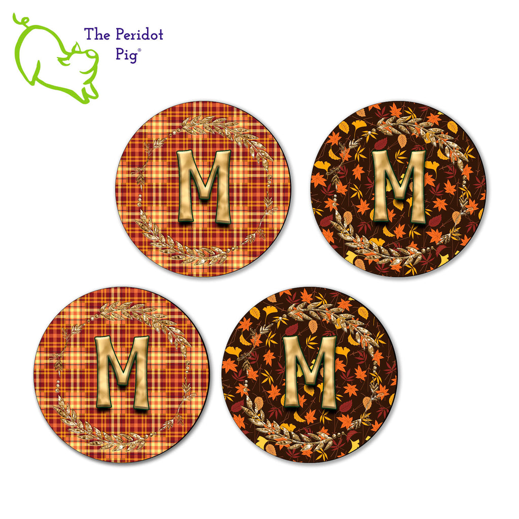 Can't find the perfect gift? How about a set of four monogrammed coasters in fall colors?? These make a perfect birthday, holiday or house warming gift! We've designed these with Autumn leaves in mind and a little 70s throwback vibe. Shown in a flat lay.