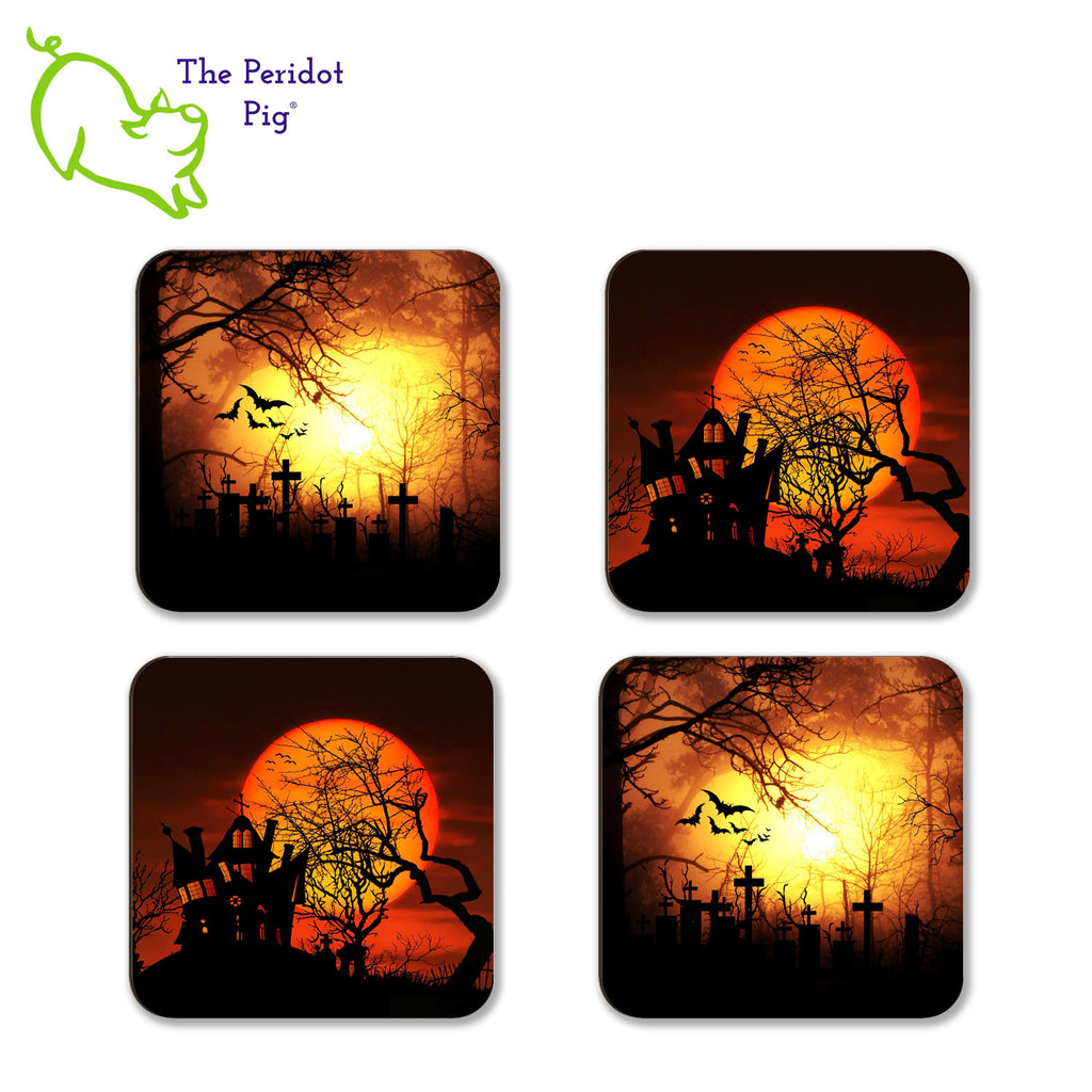 Just in time for the Halloween season! The set of four is printed in bright colors on either a matte or a gloss coaster. They feature creepy graveyard scenes for a subtle accessory on your coffee table. The coasters are printed in a durable ink that won't fade over time. Perfect for both hot and cold beverages. Available in gloss or matte finish. All four shown.