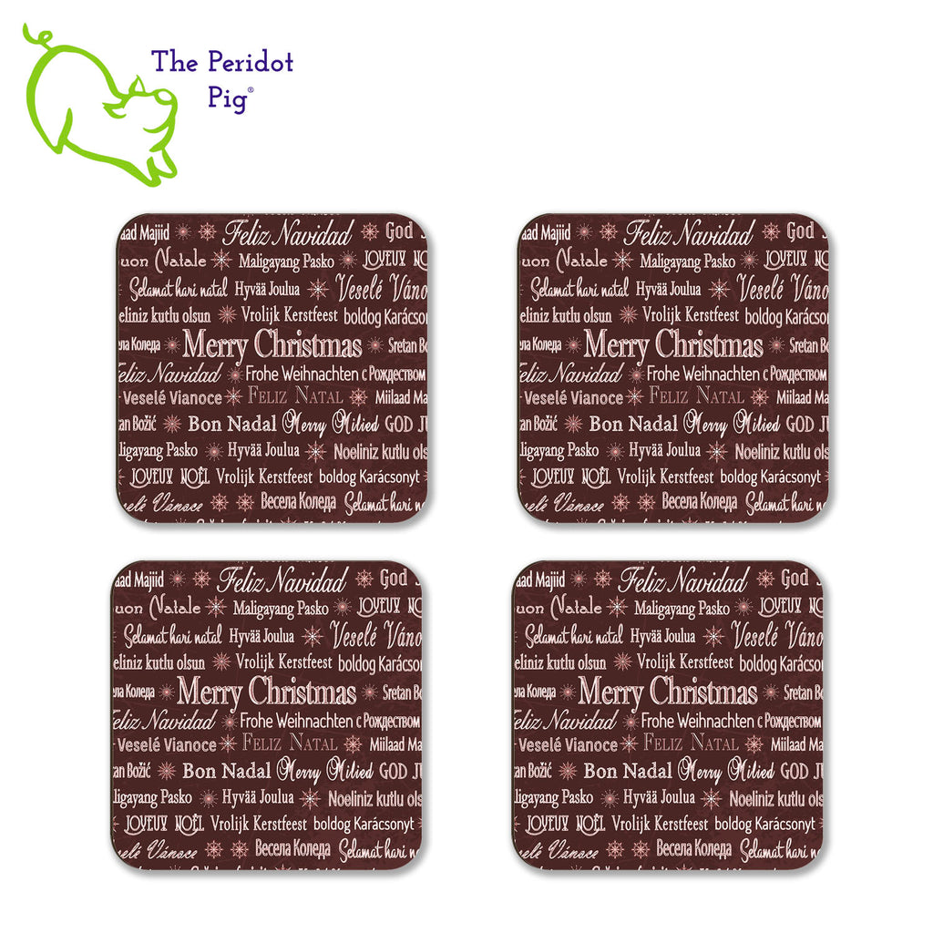 Have a Merry Christmas no matter where you are or where you're from! This set of four coasters is printed in bright colors on either a matte or a gloss coaster. They say, "Merry Christmas" in multiple languages. The coasters are printed in a durable ink that won't fade over time. Perfect for both hot and cold beverages. Available in gloss or matte finish. You can choose a mix of the four colors, red/green, or all four in a single color. Red shown in a flat lay of four.