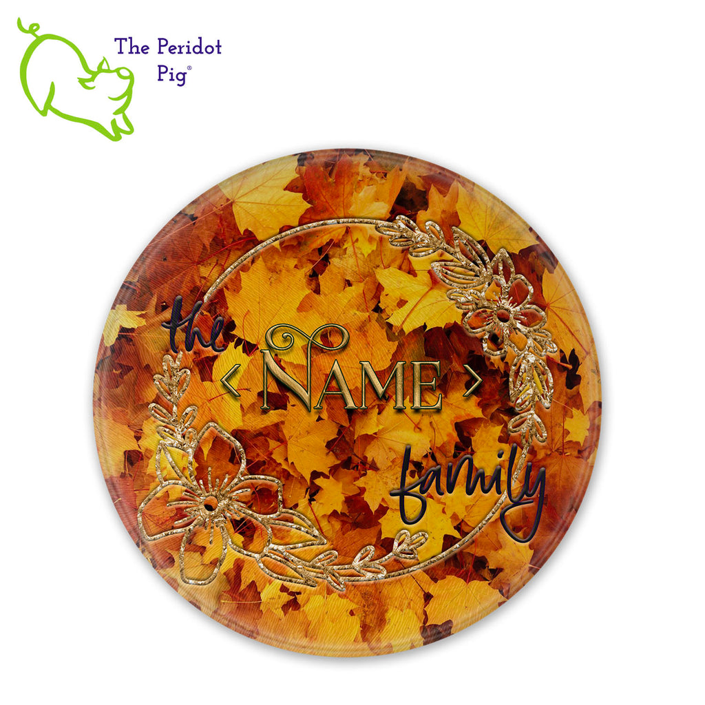 Can't find the perfect gift? How about a personalized glass cutting board in fall colors?? These make a perfect birthday, holiday or house warming gift! We've designed these with Autumn leaves in mind and a little 70s throwback vibe. They are printed in permanent sublimation colors that are vivid and bright. Round version shown with sample name.