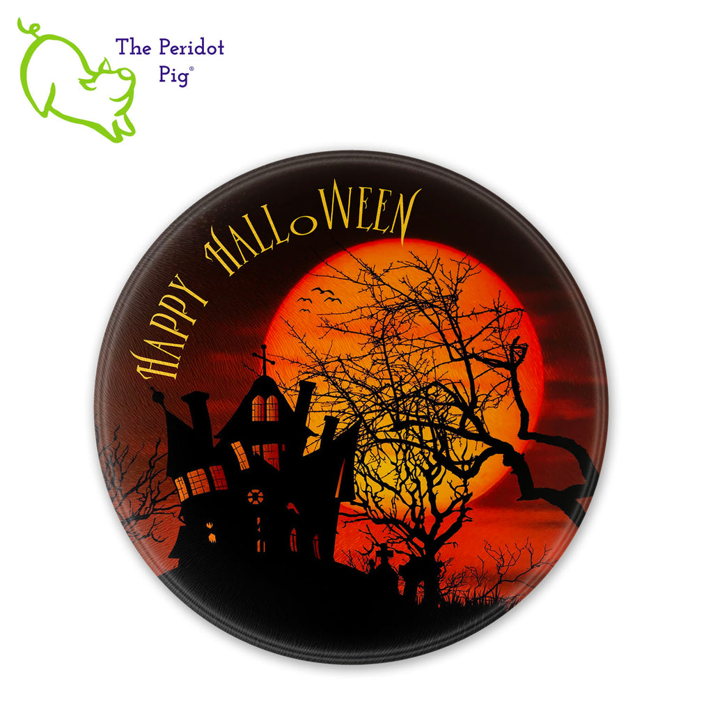 How about a Halloween cutting board for your next party? These make a perfect birthday, holiday or house warming gift! We've designed these with a dark graveyard scene. "Happy Halloween" is printed in a bright orange. They are printed in permanent sublimation colors that are vivid and bright. 12" round version shown.