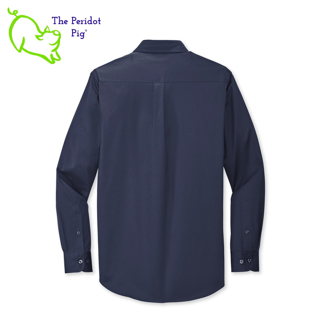 This comfortable wash-and-wear shirt is indispensable for the workday. Wrinkle resistance makes this shirt a cut above the competition so you and your staff can be, too. The Super Stud logo is on the front left. Back view in Navy.