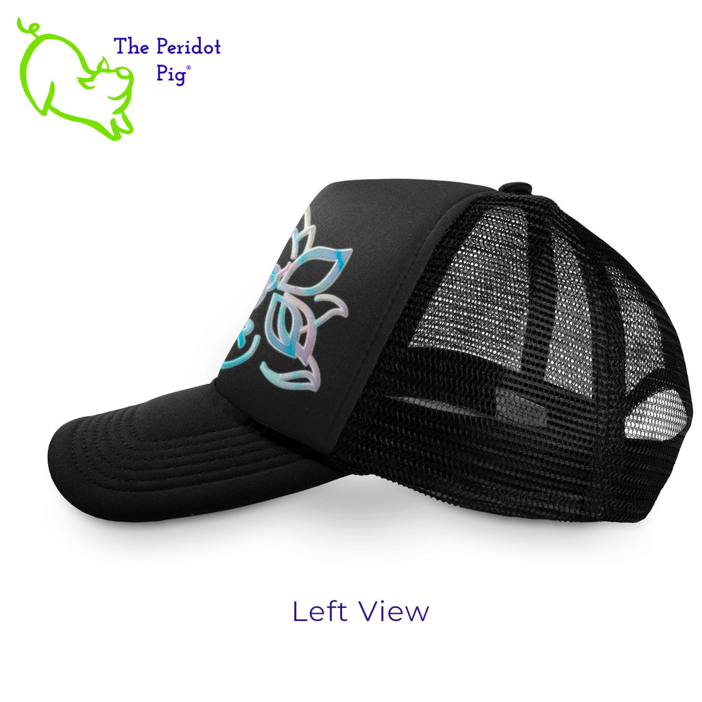 When you're out hiking in the woods, this mesh back structured trucker cap keeps the sun off your face but still stays cool. We're featuring Kristin Zako's All in Life logo on the front, printed on a holographic vinyl. Left view.