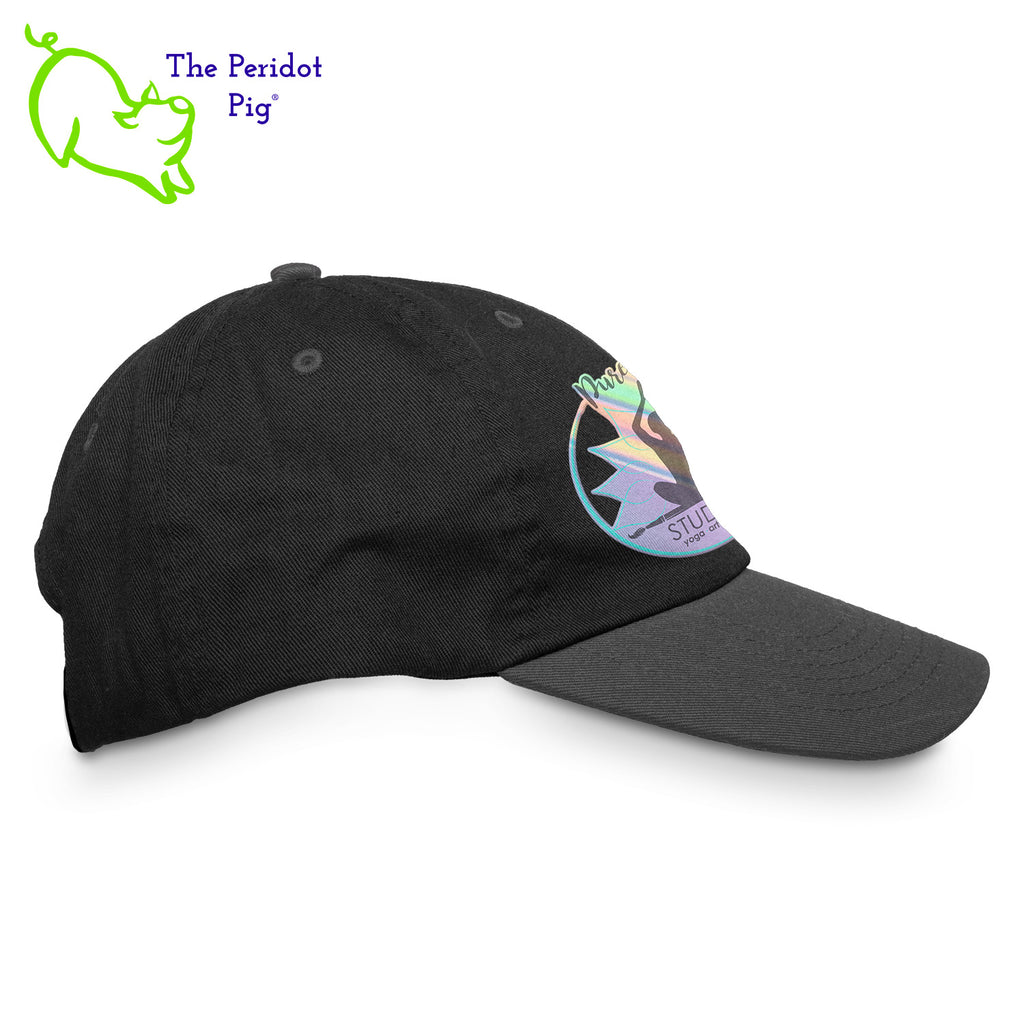 This 6-Panel twill unstructured cap is perfect for a bit of shade or to pull back a pony tail. The PureBliss Studios logo is printed on the front in a fun hologram print. A little "love" is on the back left side as well. Right view shown in black.