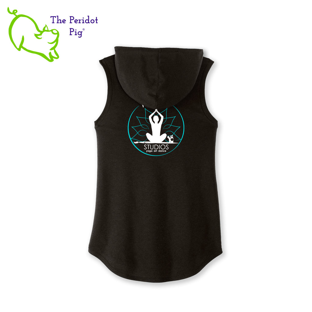 This sweet little hoodie tank is super soft, lightweight, and form-fitting (but not too tight in the mid-section) with a flattering cut. The arm holes have a finished rib knit edging. The back features the PureBliss Studios logo and the front is blank. Back view in black.