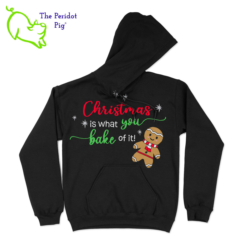 Looking for a special gift for the baker in your life? Here's a fun Christmas treat for them! The front says, "Christmas is what you bake of it" in bright festive colors. There are sparkly silver stars and a cute ginger bread man. The back is undecorated. Front view shown.