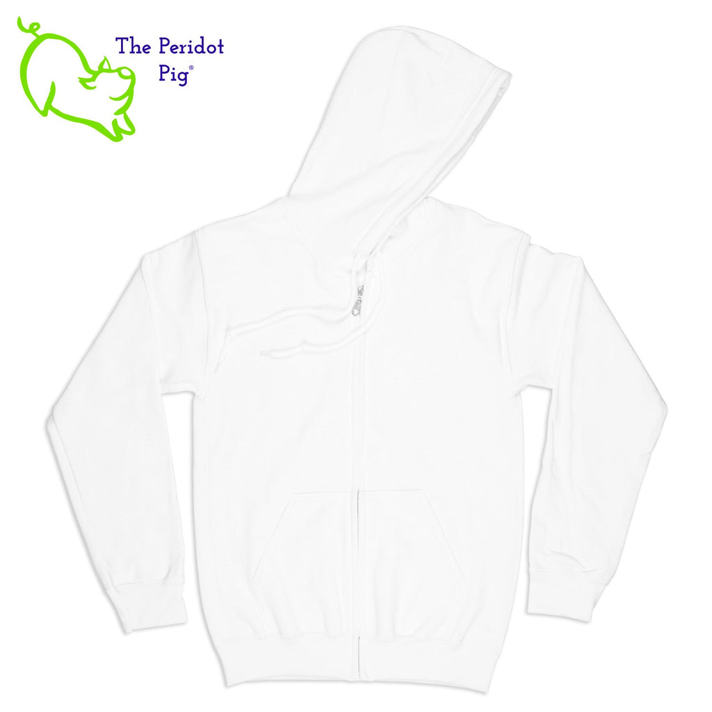 A full-zip cropped cotton hoodie with a loose cut. The back has the PureBliss Studios logo in a white glitter with print. The front has a little "love" on the bottom left sleeve. Front view shown in white.