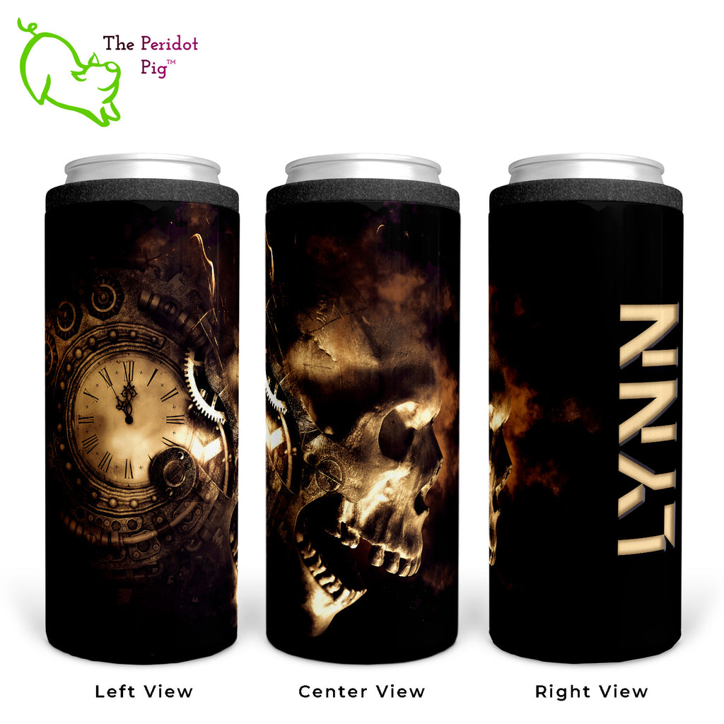 Clockworks, gears, skulls and smoke! What's not to love about this 20 oz tumbler spooky design? We'll add in your name or text in a chiseled looking font. Shown in three views with a sample name.