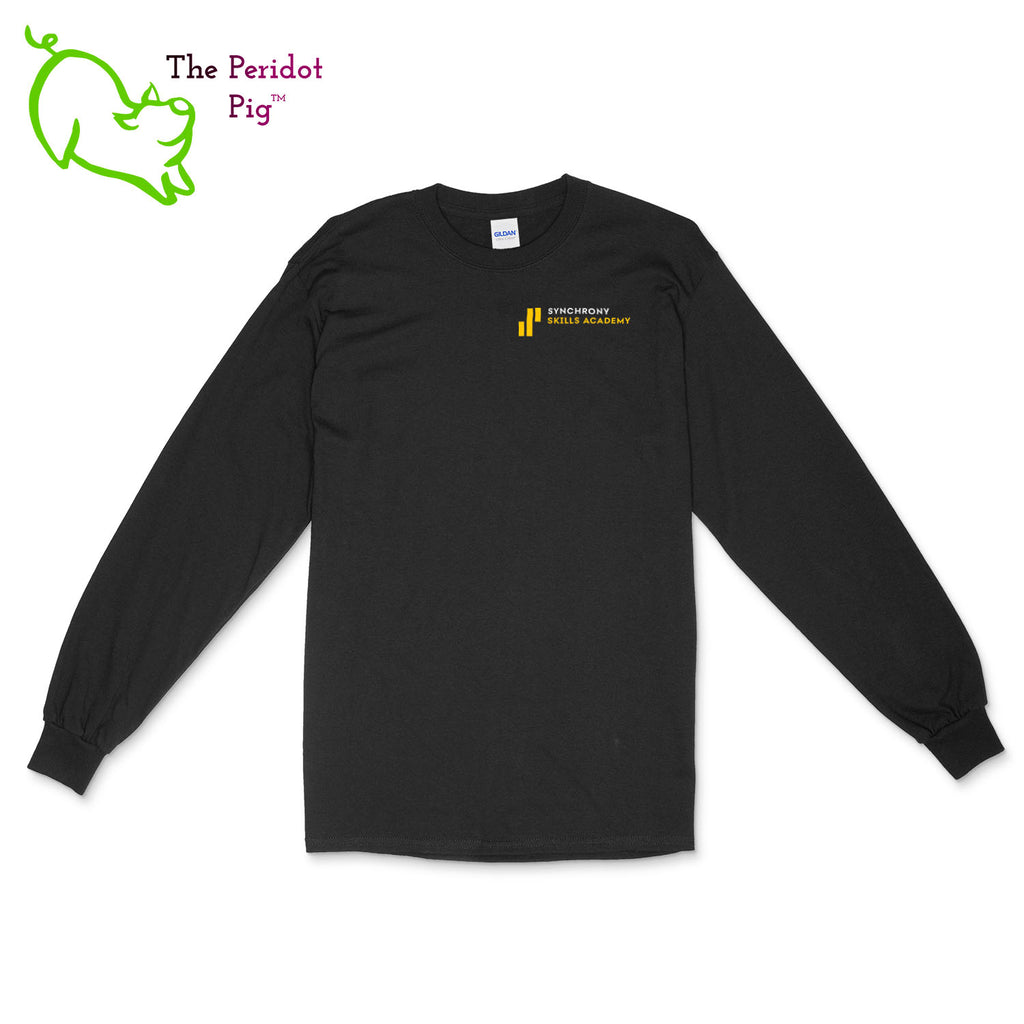 The Synchrony Financial Skills Academy Logo long sleeve shirt is made of 100% super soft cotton. The front features a small version of the logo on the left pocket area. The back has a larger version of the logo. Front view in black.