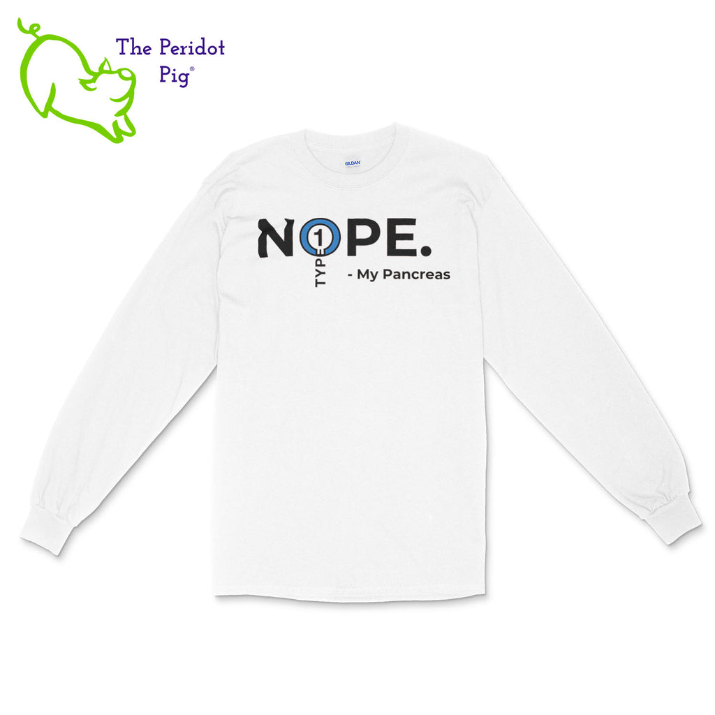 A new shirt for National Diabetes Month! For some, the pancreas just says, "Nope." The t-shirt front features a Type 1 Diabetes logo with the words, "Nope. -My Pancreas". The back is blank. This a nice, comfy heavy-weight t-shirt. Perfect for the Fall. Front view shown in white.