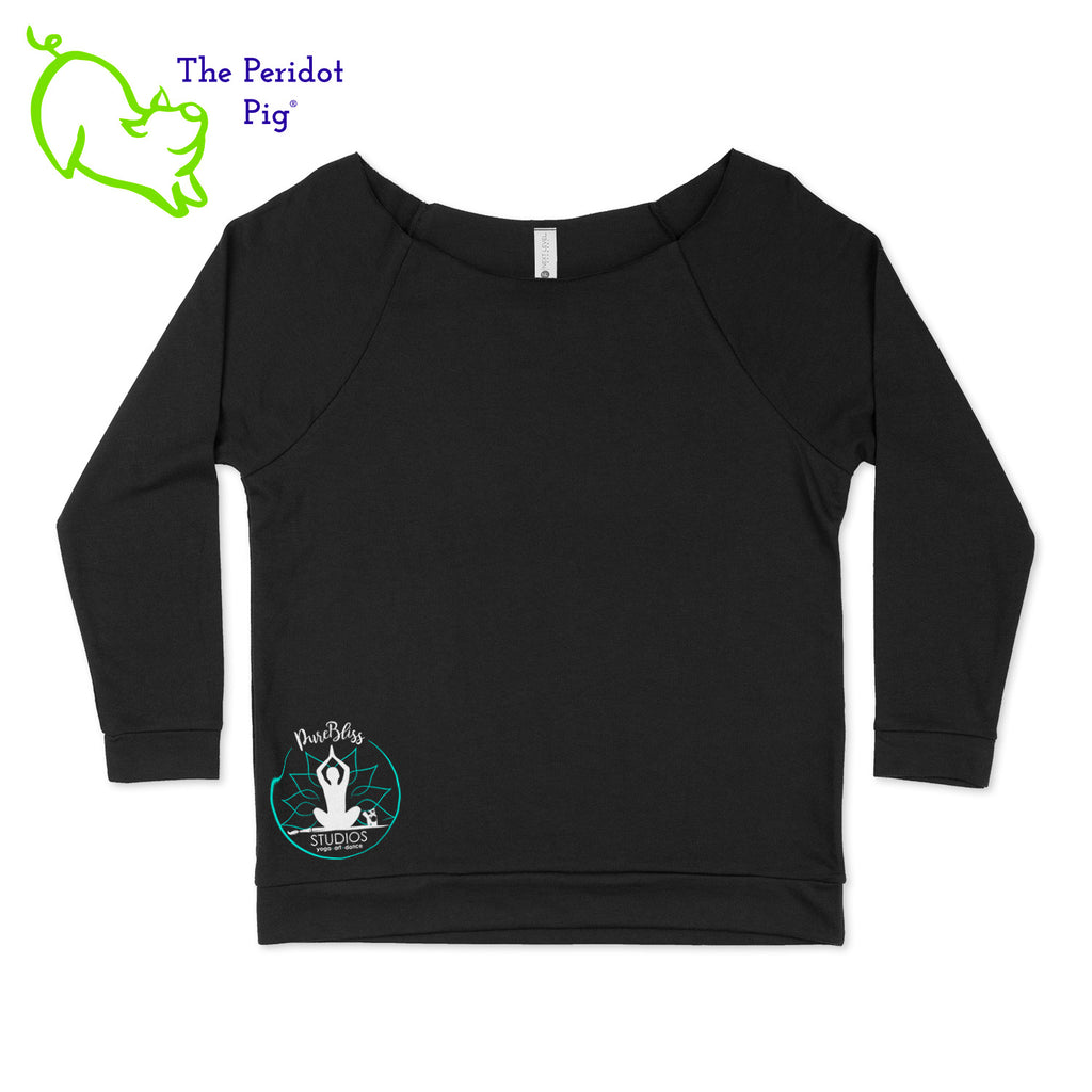 A relaxed light-weight sweat shirt with the collar cut out. The front features a small version of the PureBliss Studios logo on the lower right side. There's also a little "love" on the left inner sleeve. Front view shown in black.