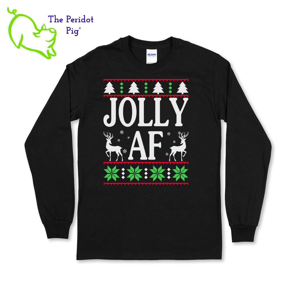 Shhh....we won't tell your mother-in-law what it means. Enjoy this fun shirt and see if they finally ask. Printed in bright color on a heavy cotton, long sleeve t-shirt, it's perfect for the winter holidays! The front has a stylized sweater print with reindeer and the words, "Jolly AF". The back is undecorated. Front view shown in black.