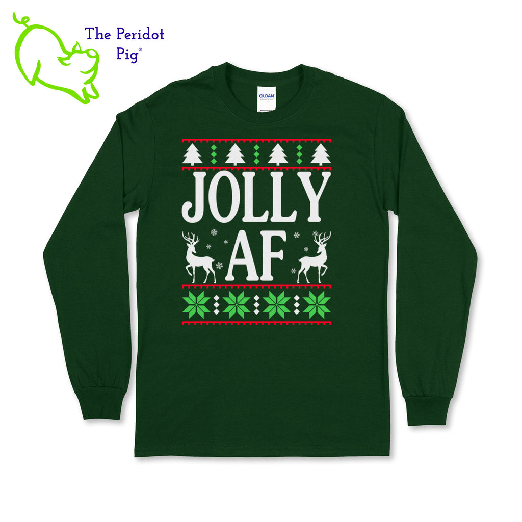 Shhh....we won't tell your mother-in-law what it means. Enjoy this fun shirt and see if they finally ask. Printed in bright color on a heavy cotton, long sleeve t-shirt, it's perfect for the winter holidays! The front has a stylized sweater print with reindeer and the words, "Jolly AF". The back is undecorated. Front view shown in green.