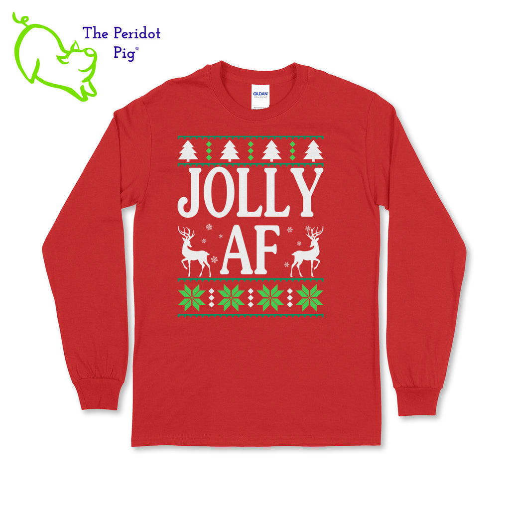 Shhh....we won't tell your mother-in-law what it means. Enjoy this fun shirt and see if they finally ask. Printed in bright color on a heavy cotton, long sleeve t-shirt, it's perfect for the winter holidays! The front has a stylized sweater print with reindeer and the words, "Jolly AF". The back is undecorated. Front view shown in red.