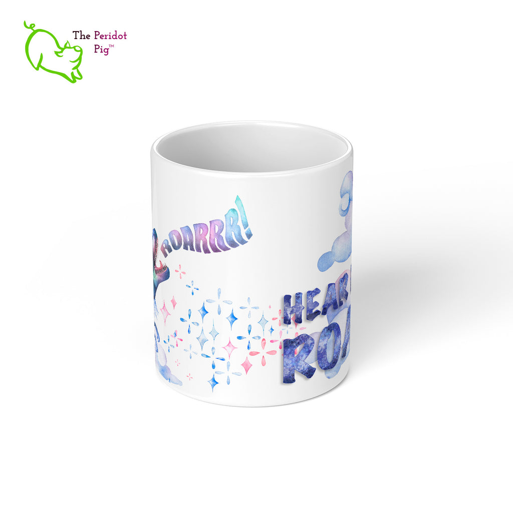 Express your individuality with this "HEAR ME ROAR!" dinocorn mug. When you're fierce like a T-Rex and unique as a unicorn, this is the mug for you or that favorite person in your life. Center view.