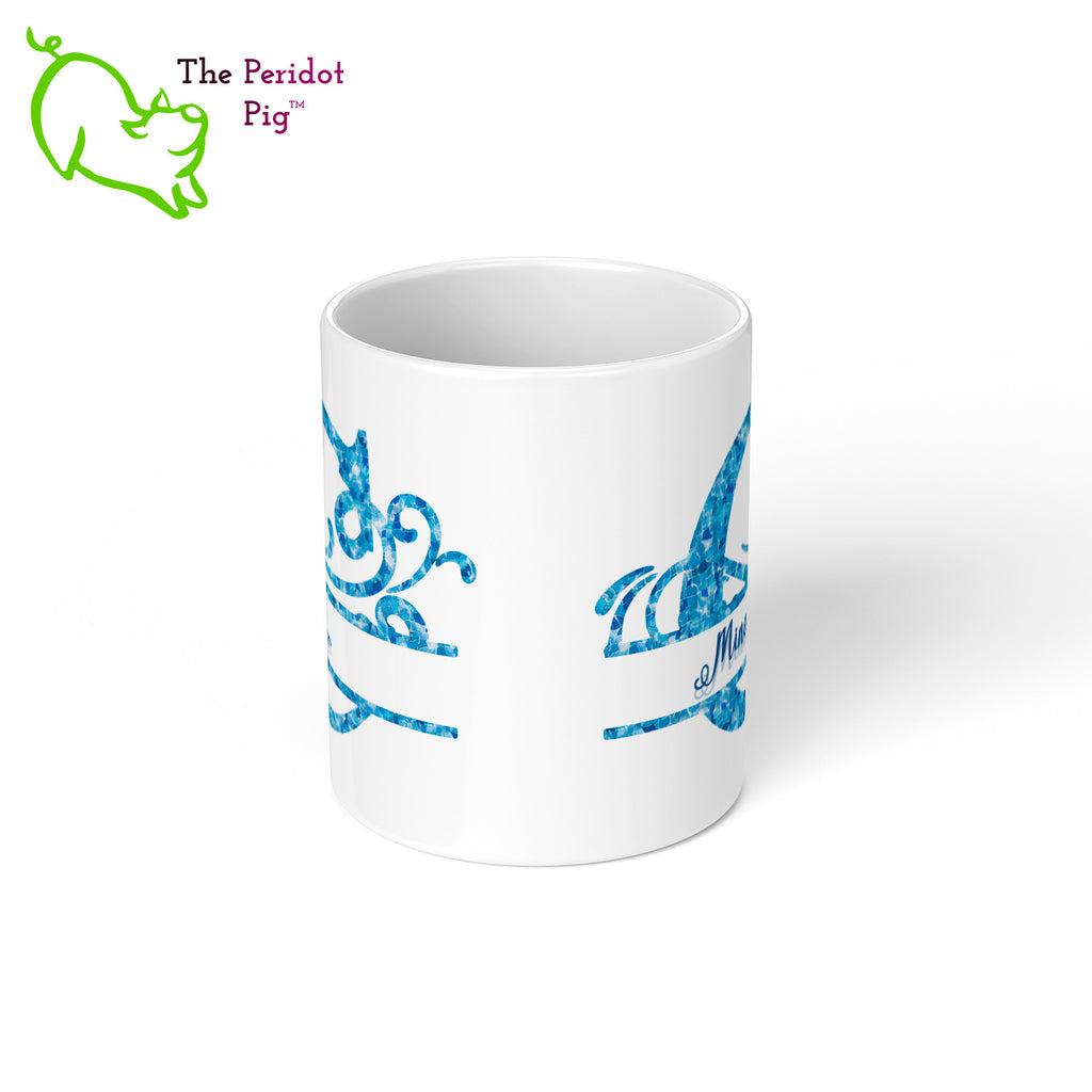 Sometime you just need a mug that screams, "hands off, Rob, that's MY mug!".  What better way than with a large monogram on both sides of this 11 oz mug. The monogram and print is in a bright cheerful tropical waters blue pattern. Center view with example text.