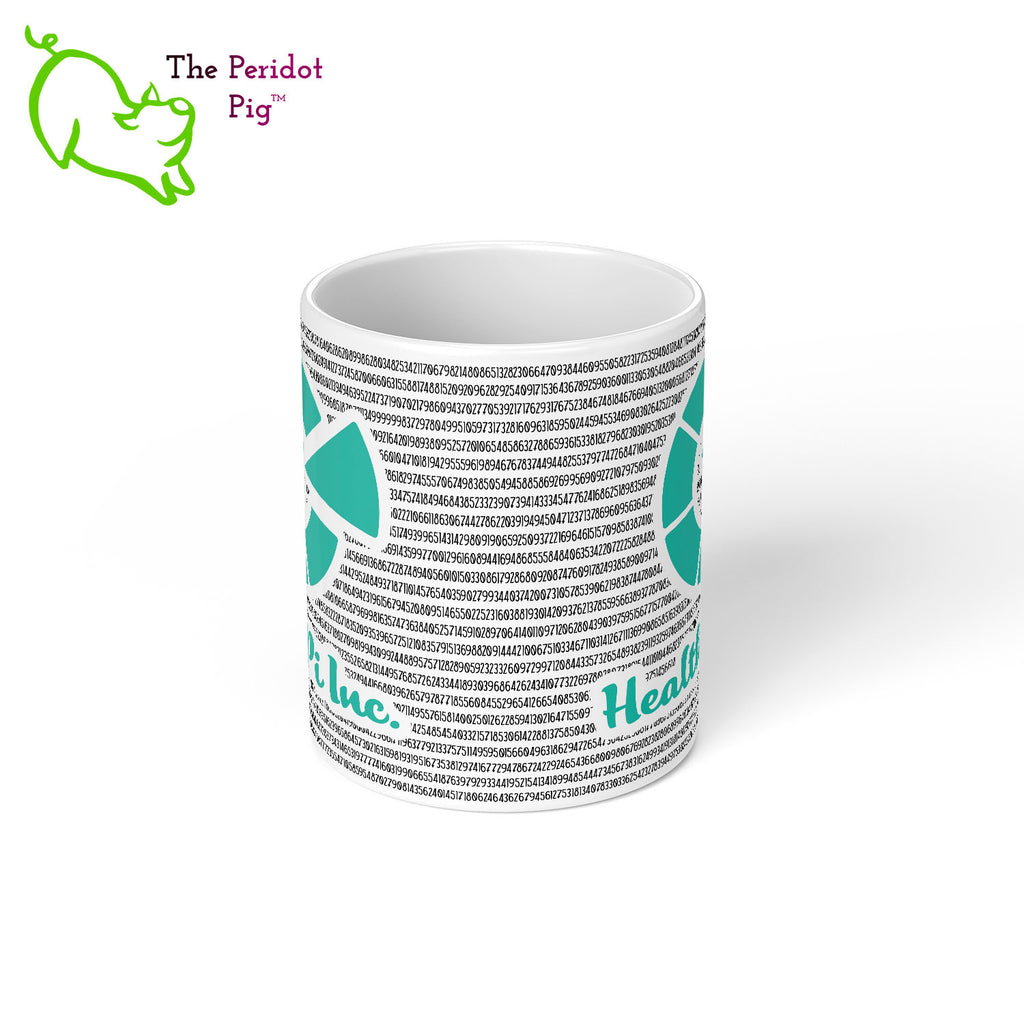 Would you like a little Pi to go with that coffee or tea? Here we have 5605 digits of Pi printed on a white, glossy 11 oz mug and featuring the Heathy Pi, Inc logo. Center view.