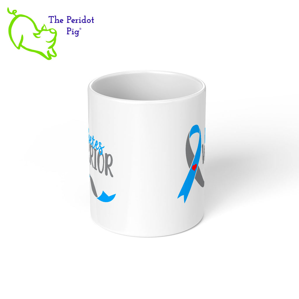 November is National Diabetes Month and these are the perfect mug to celebrate Diabetes awareness. Printed using vivid sublimation inks, these mugs won't fade or peel over time. The text says "Diabetes Warrior" with the Diabetes blue and gray ribbon featured on both front and back. Center view shown.