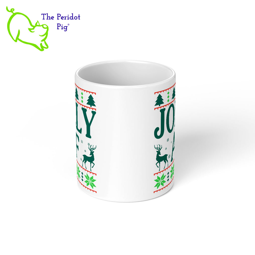 Shhh....we won't tell your mother-in-law what it means. Enjoy this fun mug and see if they finally ask. Printed in bright color on a high, quality coffee mug, it's perfect for the winter holidays! The print is on the front and back. It is a stylized sweater print with reindeer and the words, "Jolly AF". Center view shown.