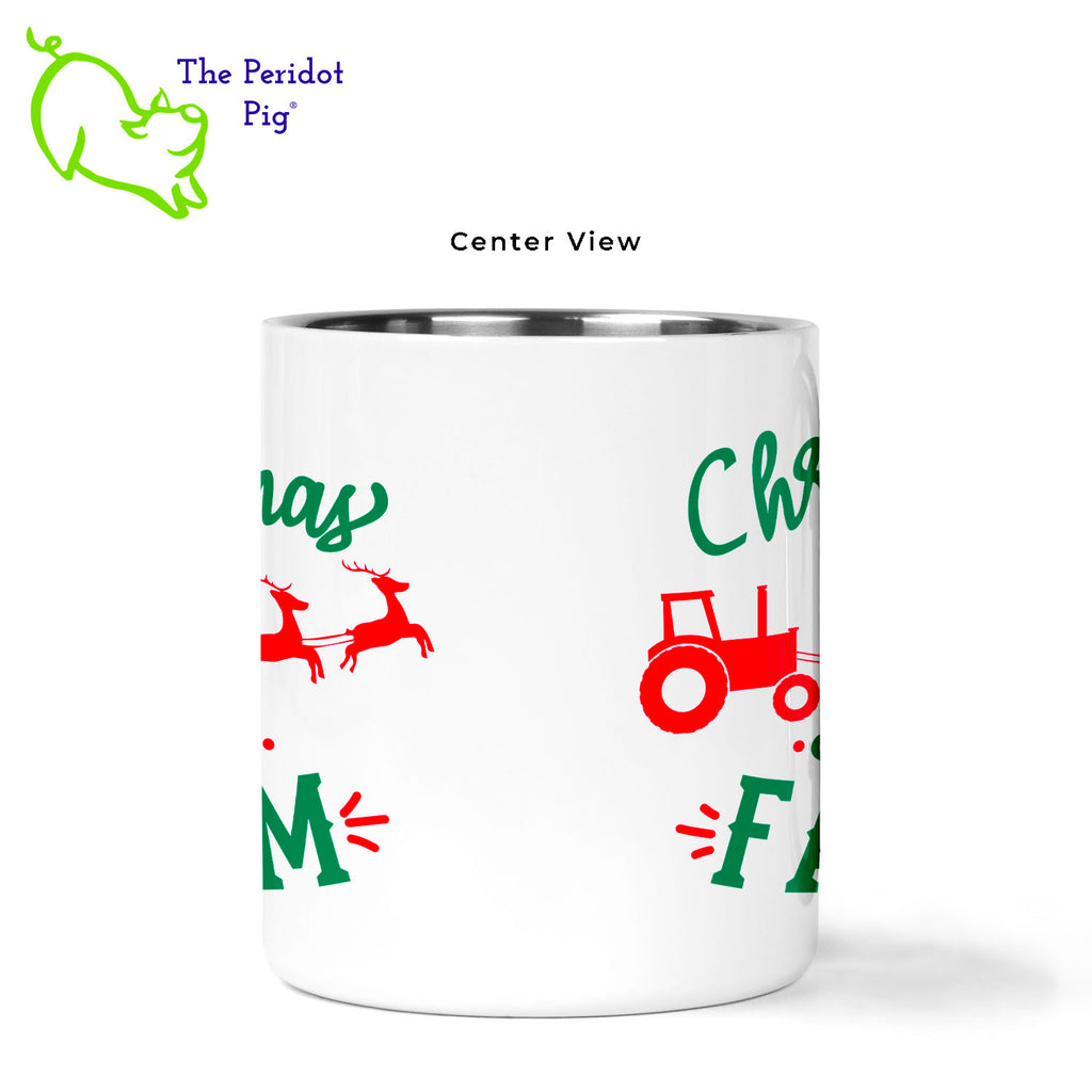 We live in Ohio and still regularly see tractors heading down the road from field to field. When we saw this mug design, we had to have it! It would make the perfect gift for the farmer, gardener or rural friend. The design is printed in vivid, permanent color on both the front and back of the mug. It's says, "Christmas on the Farm" with a little tractor being pulled by flying reindeer! Center view shown.