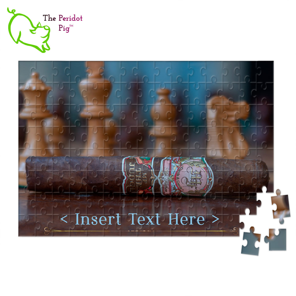 This set of cigar themed puzzles can be purchased as is or personalized with your own message. They'd be a perfect Father's Day gift! These puzzles look so simple but are actually rather hard! The pieces are very similar in size and the images have a lot of repetition. Style B personalized shown.