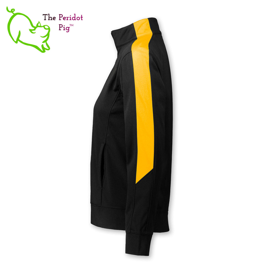 The Synchrony Financial Skills Academy Logo Augusta Medalist 2.0 long sleeve quarter-zip is cut in a stylish modern fashion. The front features a small version of the logo on the left pocket area. The back is blank. Side view.