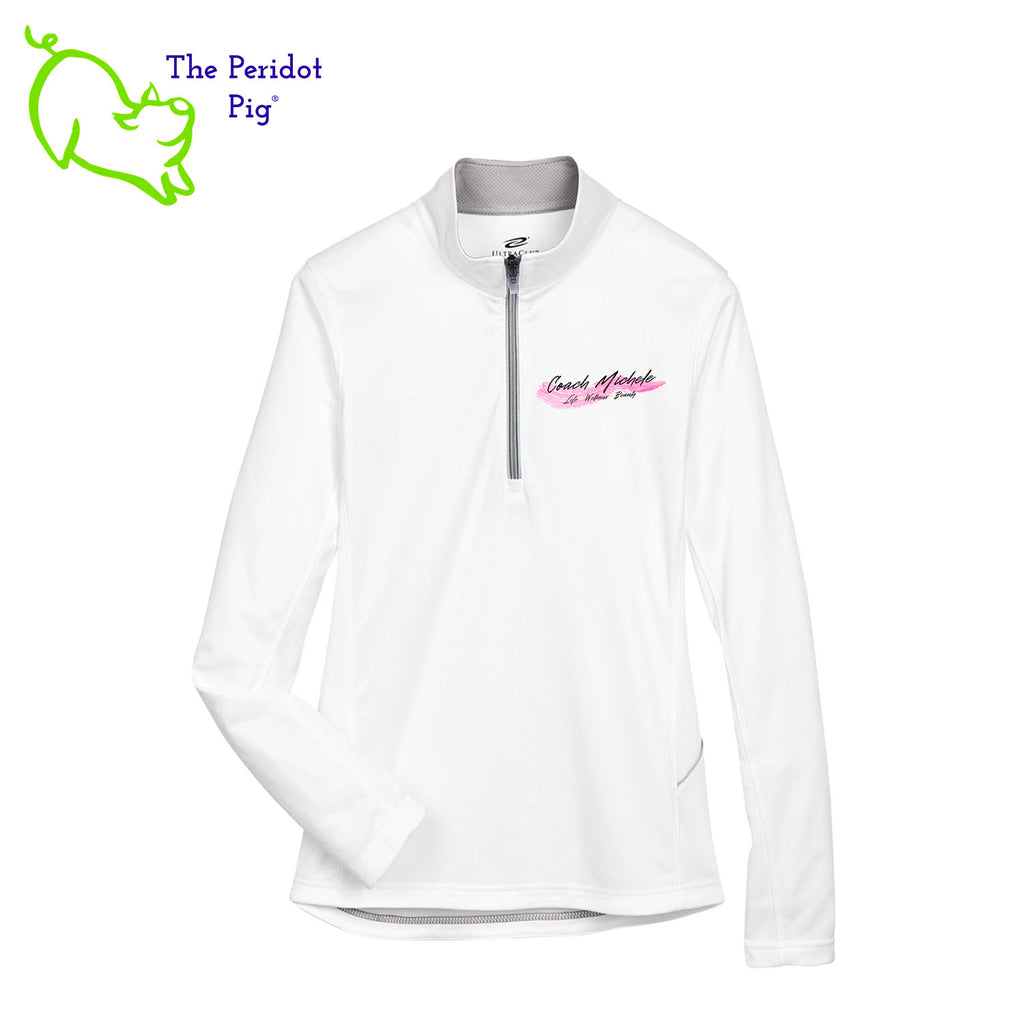 The Coach Michele Logo long sleeve quarter-zip is cut in a stylish modern fashion. The front features a small version of the logo on the left pocket area. The back is blank. Front view shown in white.