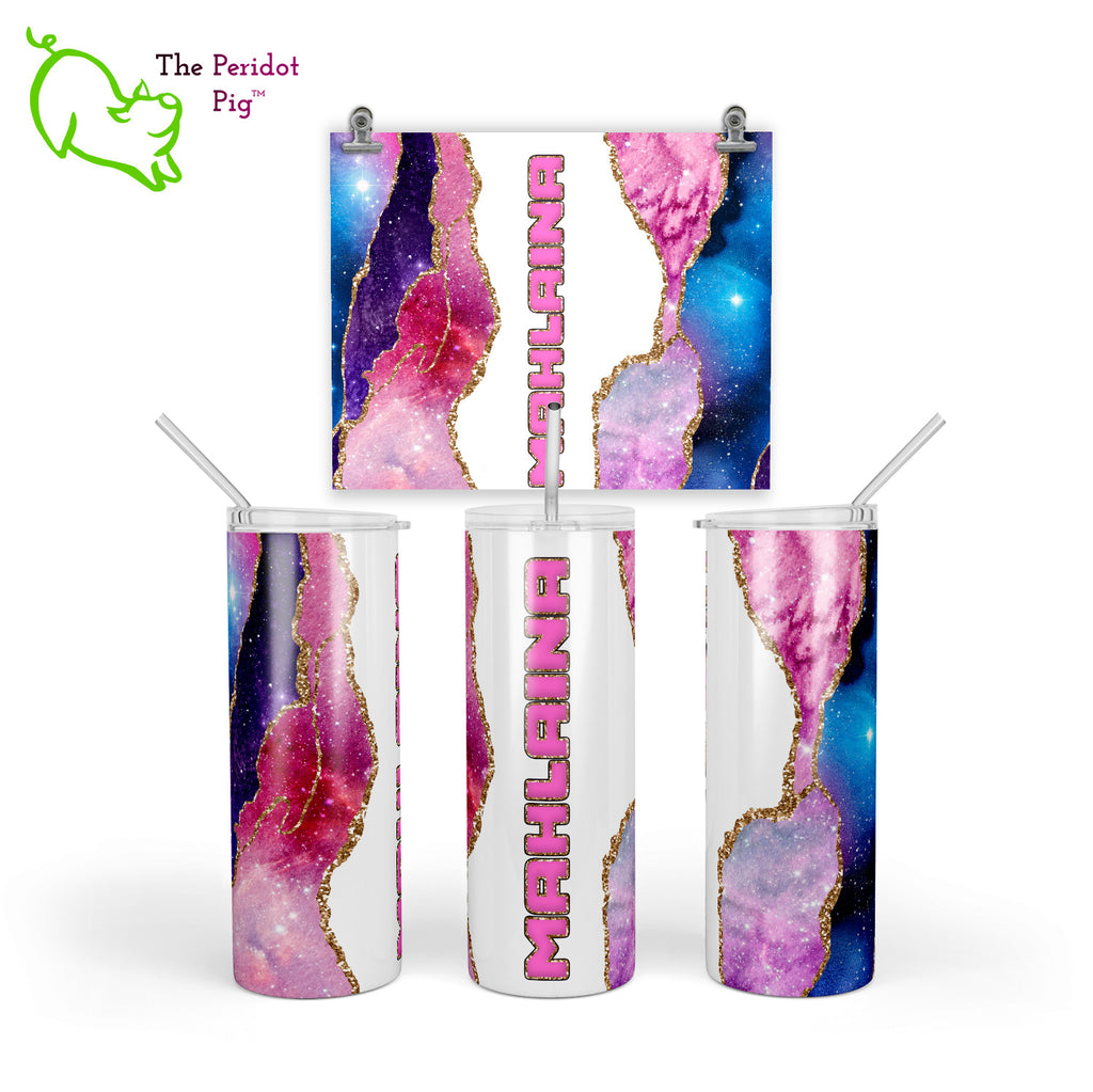 These tumblers have a vivid print featuring an "agate" design combined with a star field/galaxy theme. In addition, there's a hint of sparkle with simulated glitter borders. There's plenty of room for personalization here. Style A - Pink/Gold shown with example text.